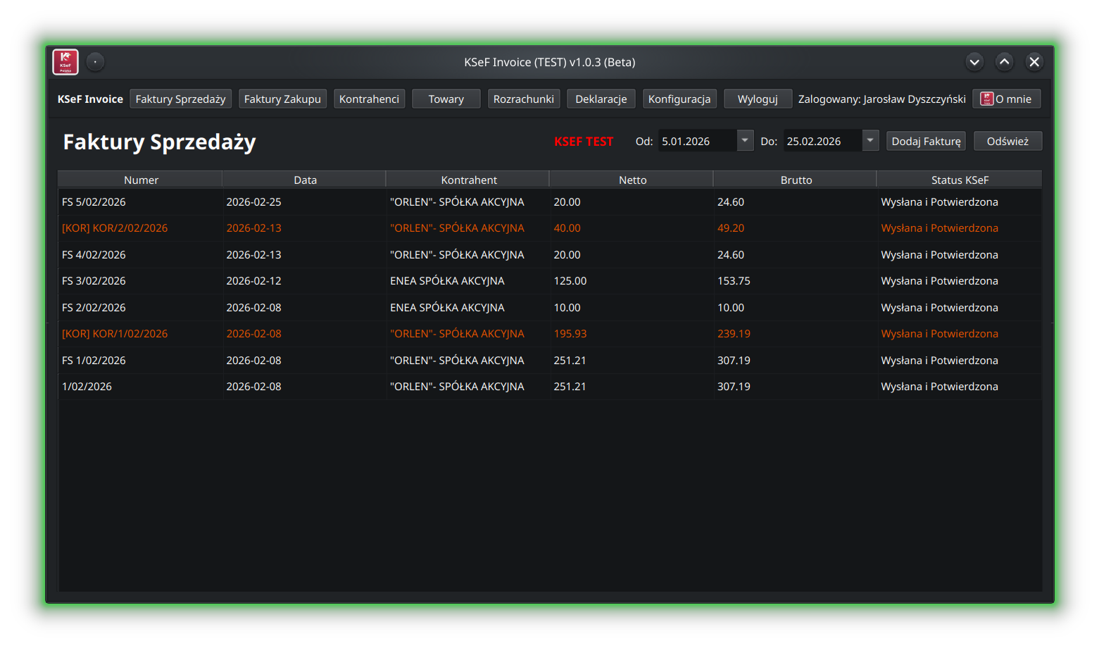 Widok główny KsefInvoice
